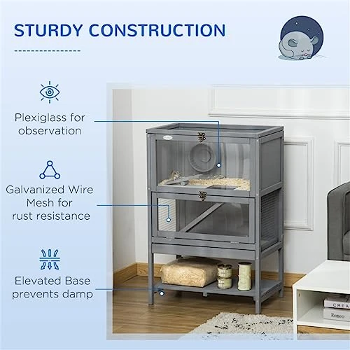 ACQUIRE Grey Wooden Hamster Cage, 2-Tier Small Animals Hutch, W/Storage Shelf, Tray, 23.5" L X 15.75" W X 35.5" H - Image 4