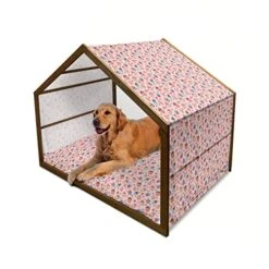 Ambesonne Pink Wooden Dog House, Kitchen Cupcakes Muffins Strawberries And Cherries Food Eating Sweets Print, Indoor & Outdoor Portable Dog Kennel With Pillow And Cover, X-Large, Pale Pink And Brown