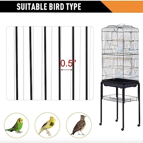 ACQUIRE 63" Metal Indoor Birdcage Starter Kit With Removable Rolling Stand, Storage Basket And Accessories Black Birdcage - Image 4