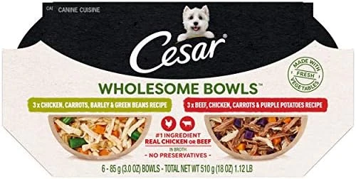 CESAR WHOLESOME BOWLS Adult Soft Wet Dog Food Toppers Variety Pack, Chicken, Carrots, Barley & Green Beans Recipe And Beef, Chicken, Purple Potatoes & Carrots Recipe, (6) 3 Oz. Bowls - Image 13