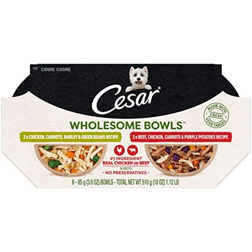CESAR WHOLESOME BOWLS Adult Soft Wet Dog Food Toppers Variety Pack, Chicken, Carrots, Barley & Green Beans Recipe And Beef, Chicken, Purple Potatoes & Carrots Recipe, (6) 3 Oz. Bowls