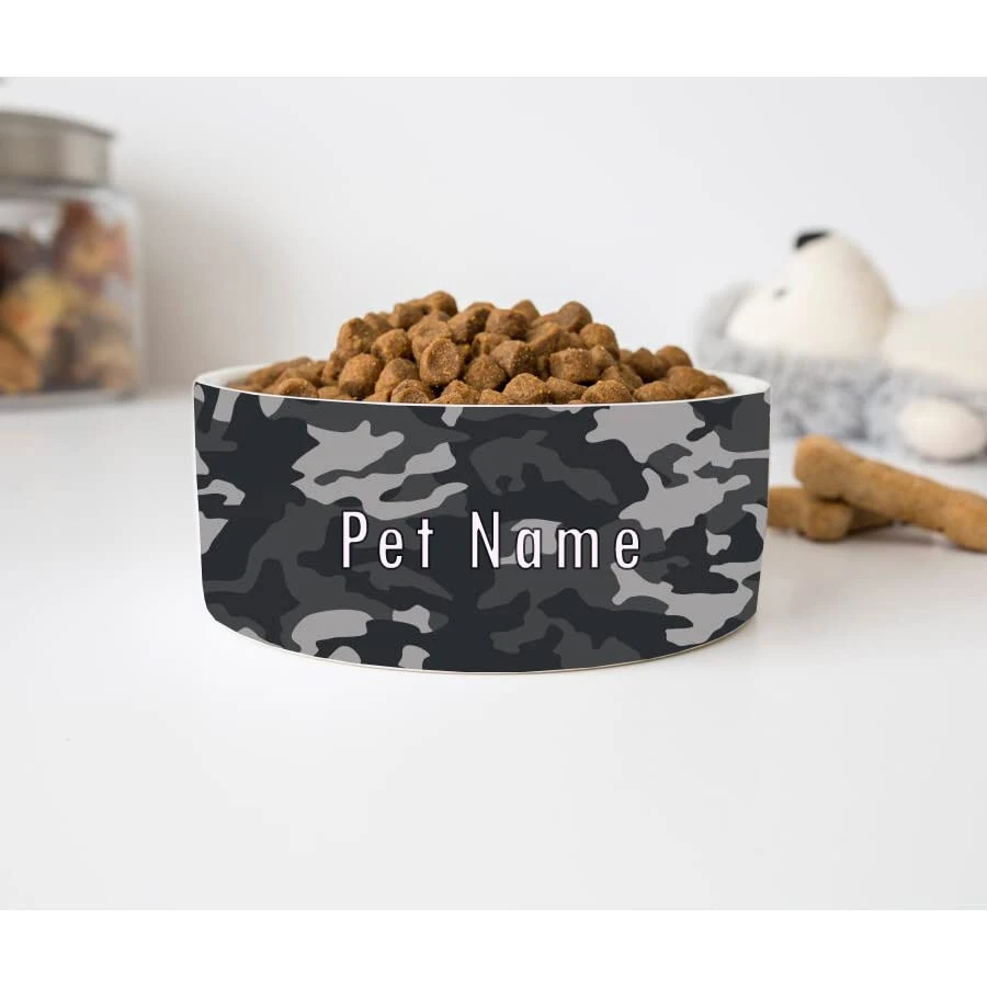 GENERIC Personalized Grey Camouflage Pet Food Bowl, Dog Name Bowl, Cat Name Bowl, Gift For Pets, Ceramic Pet Bowl