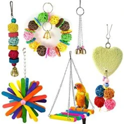 JYDQM 6Pcs Pet Parrot Toys Wooden Hanging Cage Toys For Parrots Bird Funny Hanging Standing Toy Pet Bird Training Supplies