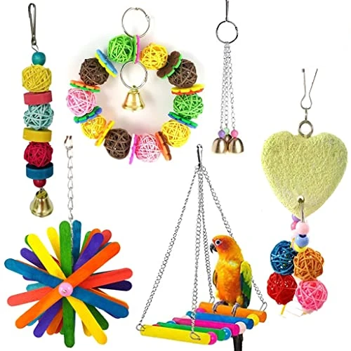JYDQM 6Pcs Pet Parrot Toys Wooden Hanging Cage Toys For Parrots Bird Funny Hanging Standing Toy Pet Bird Training Supplies