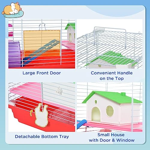 PawHut 18.5" Hamster Cage With Exercise Wheel And Water Bottle, Dish, Rat House And Habitat 2-Story Design, Red - Image 5