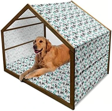 Ambesonne Floral Wooden Pet House, Singing Birds On Branches Berries Leaves Spring Sketch Outline, Indoor & Outdoor Portable Dog Kennel With Pillow And Cover, Small, Dark Seafoam Multicolor - Image 9