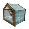 Ambesonne Floral Wooden Pet House, Singing Birds On Branches Berries Leaves Spring Sketch Outline, Indoor & Outdoor Portable Dog Kennel With Pillow And Cover, Small, Dark Seafoam Multicolor