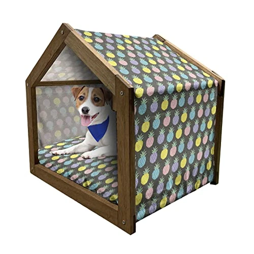 Ambesonne Scandinavian Wooden Pet House, Colorful Tropical Pineapples On Dark Toned Background Ornate Ripe Exotic Food, Indoor & Outdoor Portable Dog Kennel With Pillow And Cover, Small, Multicolor