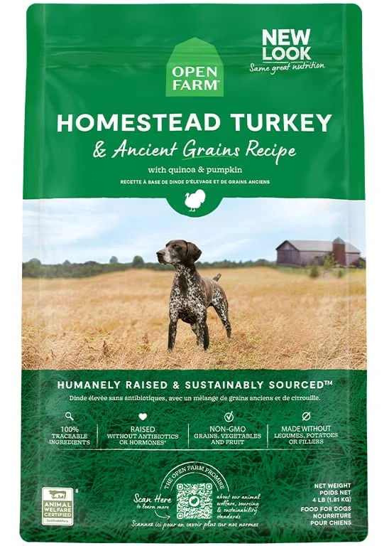 Open Farm Ancient Grains Dry Dog Food, Humanely Raised Meat Recipe With Wholesome Grains And No Artificial Flavors Or Preservatives (Homestead Turkey Ancient Grain, 4 Pound (Pack Of 1))